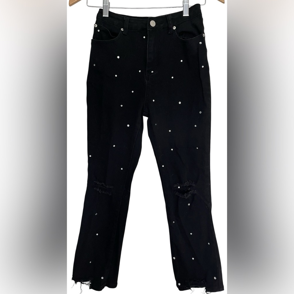 Black Rhinestone Studded Women's High Rise Jeans Cropped Distressed Stretch Sz S - Picture 2 of 5